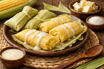 Tres tamales de elote en plato, dos con leche condensada. Dos tamales envueltos, mazorca de elote, mantequilla, azúcar, leche condensada, cuchara, mesa de madera.