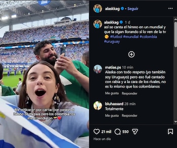 El motivo que dio pie a las críticas, según comentarios de algunos de los internautas es que la uruguaya le habría cantado a grito en la cara el himno nacional de su país a varios hinchas de Arabia Saudita que se dieron cita en el estadio de Miami para el partido válido por el grupo H - crédito @alaskkag/IG