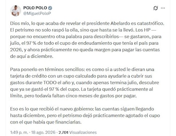 Polo Polo cuestionó el supuesto gasto anticipado de los recursos de Colombia Mayor por parte del pasado gobierno de Gustavo Petro - crédito @MiguelPoloP/X