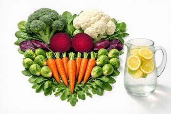 Brócoli, coliflor, dos mitades de remolacha, zanahorias, coles de Bruselas, hojas verdes y una jarra de agua con rodajas de limón.