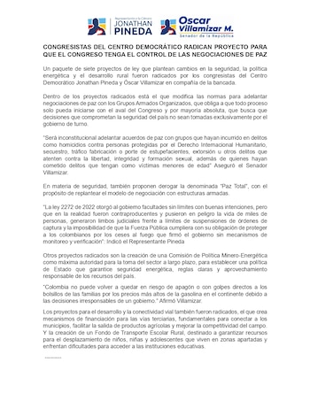 La bancada del Centro Democrático presentó siete iniciativas con propuestas en seguridad, energía y desarrollo rural - crédito Suministrado a Infobae Colombia