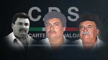Tres retratos de Aureliano Guzmán Loera "El Guano" en diferentes épocas sobre un fondo oscuro, con el logo del Cártel de Sinaloa y la bandera de México.