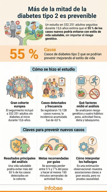 Infografía sobre prevención de diabetes tipo 2. Contraste visual de estilos de vida, iconos de estudio y consejos preventivos.