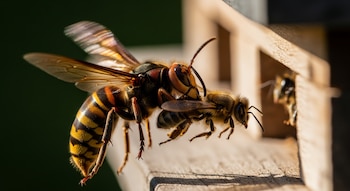 Primer plano de una avispa grande, amarilla y negra, sujetando a una abeja más pequeña y peluda cerca de la entrada de una colmena de madera, con alas en movimiento.