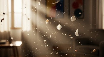 Primer plano de microplásticos y otras partículas flotando en el aire, iluminadas por la luz del sol que entra por una ventana, con un fondo de sala borroso.