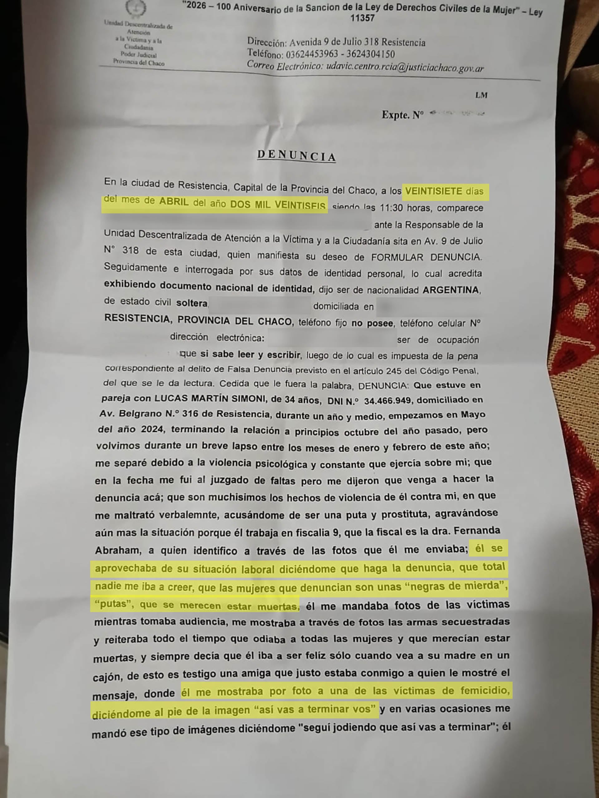 Fragmento de la denuncia de la víctima (Foto/Gentileza de Infoqom)