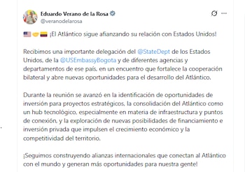 El gobernador Eduardo Verano de la Rosa aseguró que la visita de la delegación abre nuevas oportunidades para el desarrollo del Atlántico - crédito @veranodelarosa/X