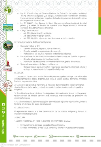 Documento oficial con logos de organizaciones como CGBU, Tampianironi, Comaru, Geconama y FECONAYY, texto detallando leyes, derechos y una declaración de alerta