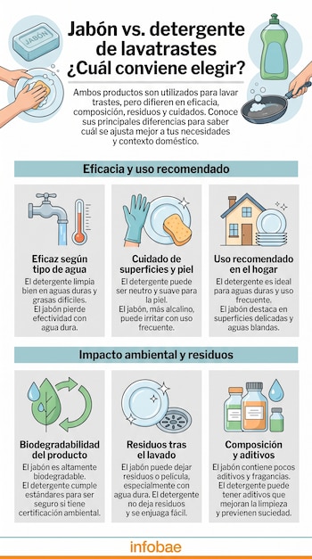 Infografía comparativa de jabón en barra y detergente líquido. Muestra ilustraciones de lavado de trastes, grifo, guantes, casa, hoja, plato y frascos.