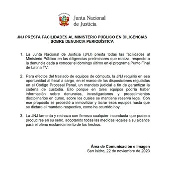 Comunicado de la JNJ en