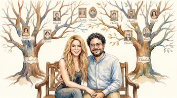 Ilustración de acuarela de Shakira e Iván Cepeda sentados en un banco de madera, con un árbol genealógico detrás que muestra retratos y el nombre 'Chadid'.