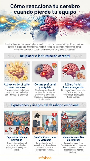 Infografía detallada sobre cómo reacciona el cerebro a la derrota deportiva, mostrando diagramas cerebrales y escenas de aficionados frustrados en estadios y hogares.