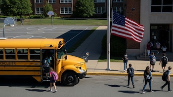 Regreso a clases en Estados Unidos: Alumnos llegan a la escuela en autobús - VisualesIA ScribNews