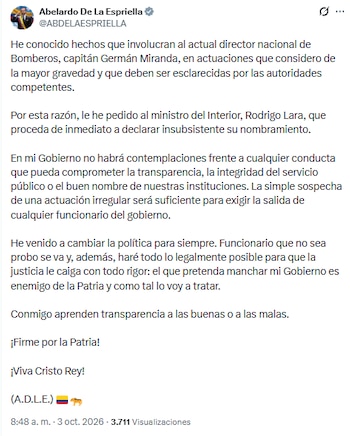 Abelardo de la Espriella pidió la salida de Germán Miranda de la dirección de Bomberos