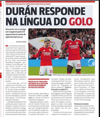 El diario destacó la suspensión de la sanción de Jhon Jáder Durán y su gol con el Benfica-crédito Record Portugal