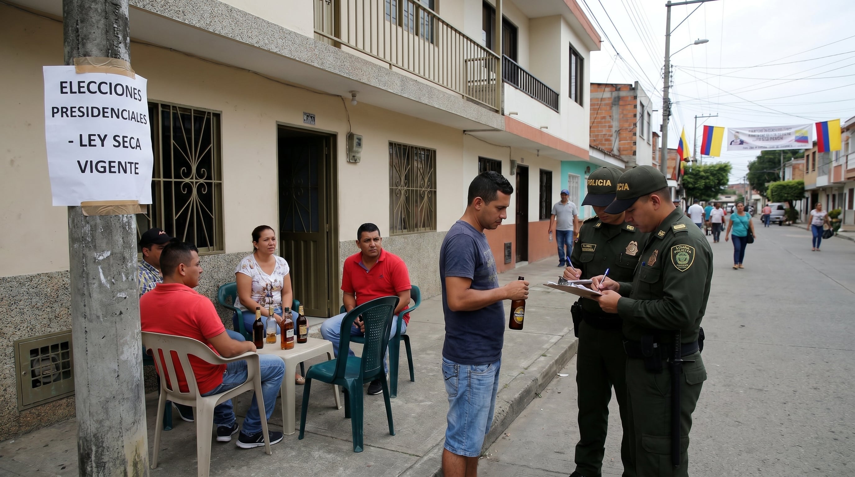 Dos agentes de policía colombianos emiten un comparendo a un hombre que consume licor en la calle durante la ley seca impuesta por las elecciones presidenciales, mientras otras personas observan la situación. (Imagen Ilustrativa Infobae)