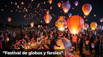 Personas en un terreno abierto encienden y sueltan globos de papel iluminados en la noche, con el rótulo Festival de globos y faroles.