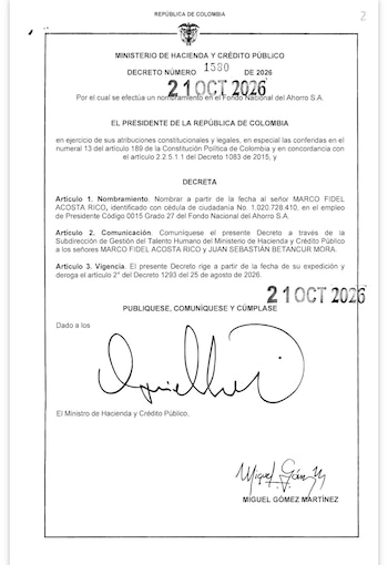 El Decreto 1580, suscrito el 21 de octubre por Abelardo De la Espriella y Miguel Gómez Martínez fue nombrado en propiedad como nuevo presidente del FNA, Marco Fidel Acosta - crédito Dapre