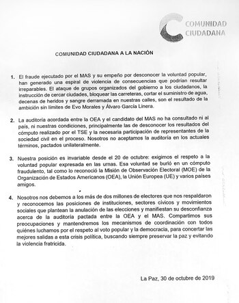 El comunicado que leyó Mesa