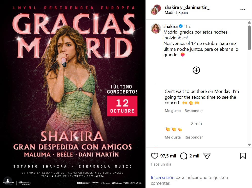 Shakira tendrá como invitados especiales en su último concierto en España a Maluma, Beéle y a Bizarrap - crédito @shakira/IG