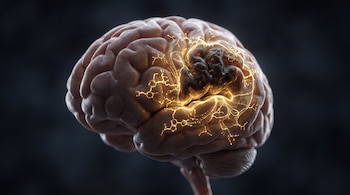 Imagen hiperrealista de un cerebro humano con un tumor oscuro, un glioblastoma, parcialmente rodeado por intrincadas líneas doradas luminosas sobre un fondo oscuro.