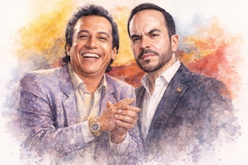 Pintura en acuarela de Diomedes Díaz sonriente y Abelardo de la Espriella con saco oscuro y pin de bandera colombiana.