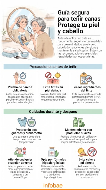 Infografía sobre seguridad al teñir canas. Muestra una mujer, espejo, tinte capilar, lupa y varios iconos de precauciones y cuidados con el cabello.