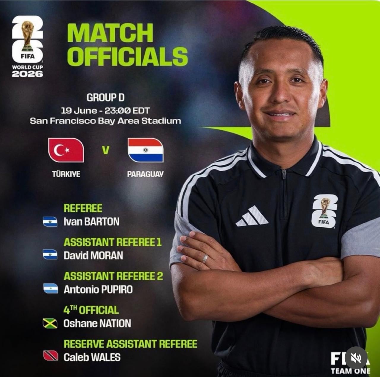 El árbitro salvadoreño Iván Barton será el encargado de dirigir el partido entre Turquía y Paraguay por el Grupo D del Mundial 2026, que se disputará el 19 de junio en el San Francisco Bay Area Stadium (Cortesía FIFA).