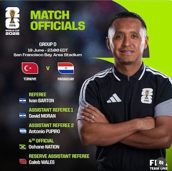 El árbitro salvadoreño Iván Barton será el encargado de dirigir el partido entre Turquía y Paraguay por el Grupo D del Mundial 2026, que se disputará el 19 de junio en el San Francisco Bay Area Stadium (Cortesía FIFA).