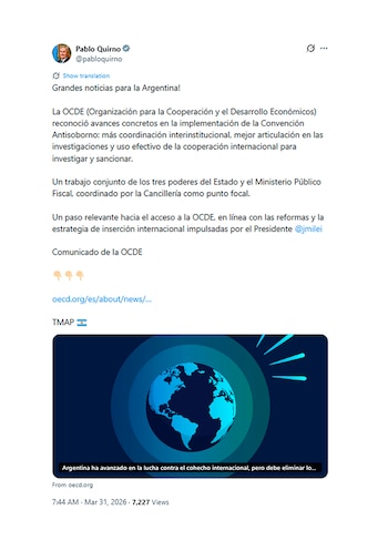 Captura de pantalla de un tuit de Pablo Quirno con su foto de perfil y texto sobre el informe de la OCDE. Incluye un video con un globo terráqueo