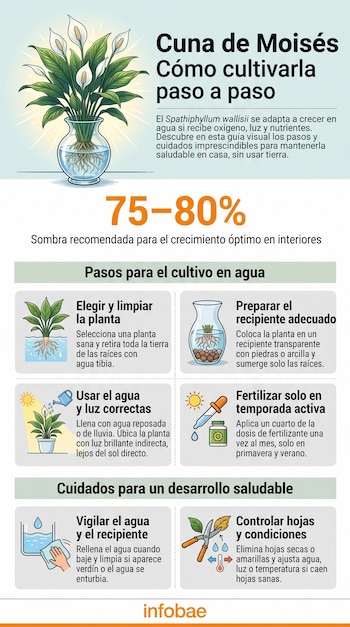 Infografía con una planta en un florero de vidrio, secciones con dibujos de tallos, raíces, un gotero, tijeras y el logotipo de Infobae.
