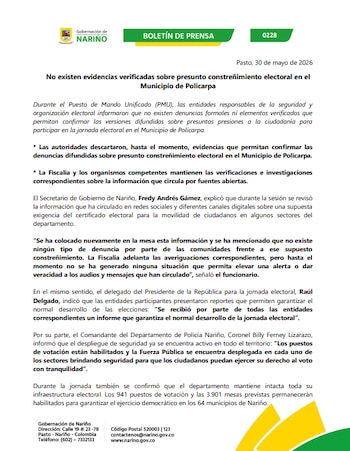 Autoridades locales de Nariño afirmaron que no existen denuncias formales ni pruebas verificadas de constreñimiento electoral en Policarpa - crédito Gobernación de Nariño