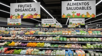 Góndola de alimentos saludables en un supermercado con carteles que dicen 'FRUTAS ORGÁNICAS', 'ALIMENTOS SALUDABLES', 'PRODUCTOS INTEGRALES', 'SIN GLUTEN'.