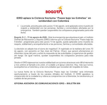 El Idrd aplazó la Ciclovía Nocturna Paseo bajo las Estrellas y anunciará una nueva fecha según evolucione la emergencia nacional - crédito Idrd