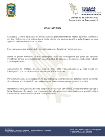 Declaração oficial da Procuradoria Geral do Estado de Puebla com uniforme oficial. A matéria detalha a investigação de um roubo envolvendo morte