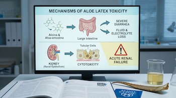 Diagrama en monitor ilustra toxicidad del látex de aloe en riñón e intestino. En el escritorio, libros, documentos de NIH y Mayo Clinic y hoja de aloe.