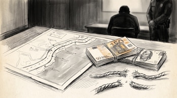 Dibujo de un mapa, fajos de billetes y cuerdas cortadas sobre una mesa, con un policía y un hombre de espaldas al fondo.