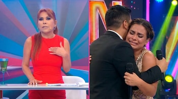 Magaly Medina, con cabello cobrizo y vestido rojo, hablando en un set de televisión. A su lado, Ethel Pozo llora mientras abraza a un hombre de traje oscuro.