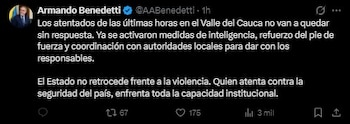 El ministro del Interior anunció refuerzos de inteligencia y pie de fuerza ante la escalada de ataques en el suroccidente - crédito Armando Benedetti/X