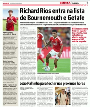Richard Ríos en el radar del Bournemouth y Getafe, según A Bola, el medio de comunicación portugués - crédito A Bola