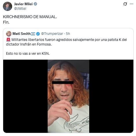 El Presidente compartió el video con el descargo del militante agredido (X Javier Milei)