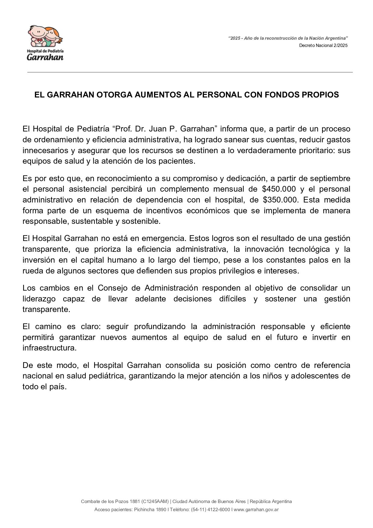El comunicado que compartieron las autoridades del Garrahan (X @HospGarrahan)
