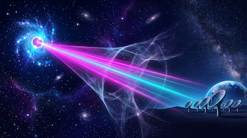 Haz de luz rosa y celeste que va desde un núcleo brillante en el espacio hacia un conjunto de antenas parabólicas frente a un planeta.