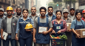 Grupo de trabajadores, hombres y mujeres, en calle. Un hombre sujeta un letrero con "LACK OF CERTIFICATION". Una mujer lleva una cesta con vegetales y otra mujer lleva cajas. Cascos y parches de México.
