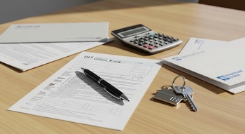 Mesa de madera clara con luz natural, mostrando formularios del IRS, un bolígrafo, calculadora, llaves de casa y sobres de Investment Broker para preparación fiscal.