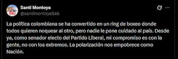 El senador electo Santiago Montoya del Partido Liberal critica la polarización en la política colombiana y advierte sobre sus efectos negativos - crédito @santimontoyaSab/X