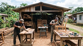 Dos hombres trabajan con herramientas manuales sobre bancos de madera frente a una estructura rústica con tablones y viruta.
