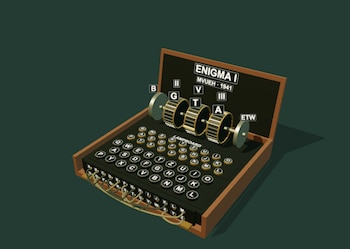 Máquina Enigma I en caja de madera con un teclado alfabético, un panel con lámparas, cuatro rotores metálicos y cables en el frontal