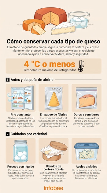 Infografía con ilustraciones de variedades de queso, un refrigerador, recipientes, envoltorios y textos instructivos sobre almacenamiento.