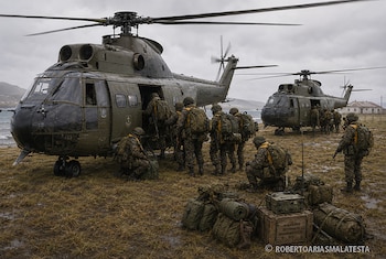 Dos helicópteros militares verde oliva en un terreno costero. Soldados con uniforme de camuflaje suben y bajan de uno, y equipo militar está apilado en primer plano